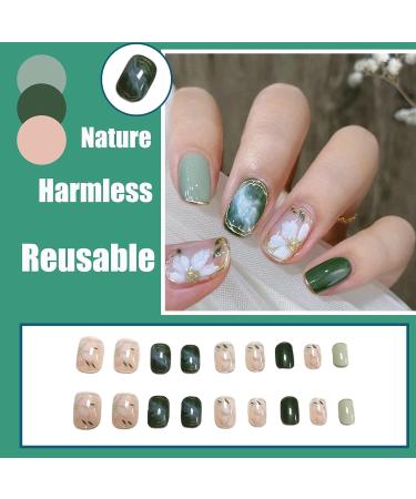 QINGGE Green Camellia Flower Press On Nails - 24Pcs Short Square Glossy False Nails with Gold Line, Glue On Acrylic Summer Design for Women - Buy Online on GoSupps.com