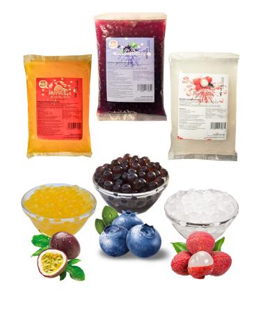 Bubble tea popping boba mix - 3 x 600g blueberry+maracuja+litschi boba fruit beads - nature & vegan & gluten -free boba pearls - bubble tea topping for diy blueberry+maracuja+litschi pack with 3