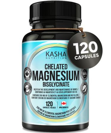KASHA Nutrition Chelated Magnesium Bisglycinate / Glycinate - 200 mg of Elemental Magnesium | Proudly Canadian | Non-GMO Vegan Soy Free | Non-Habit Forming - Maintains Effectiveness over Long-Term. Appropriate for Daily Use. Vegetarian. (120 Count) 120 co