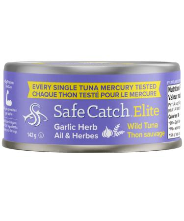 Safe Catch Elite Lowest Mercury Wild-Caught Tuna Fish Pouch Garlic Herb Flavor Gluten-Free Paleo Non-GMO High Protein Keto Food 2.6oz Pack of 6