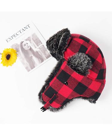 ONWAY Buffalo Plaid Aviator Fur Trapper Hat Ushanka Russian Bomber Hat Red - Buy Online on GoSupps.com