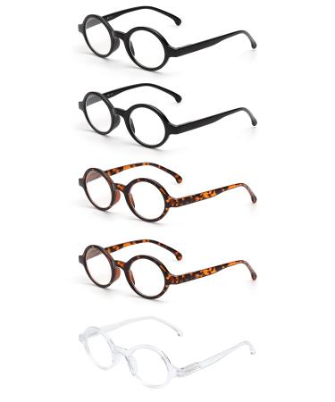 JM Set of 5 Round Reading Glasses Spring Hinge Readers Women Men Eyeglasses for Reading +2.25 (2 Black & 2 Tortoise & 1 Clear)