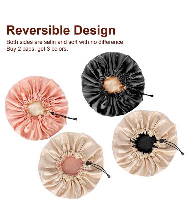 Atudew Satin Bonnet 2PCS for Black Women - Silk Hair Cap for Curly Hair, Sleeping, and Night - Adjustable Black & Pink - Buy Online on GoSupps.com