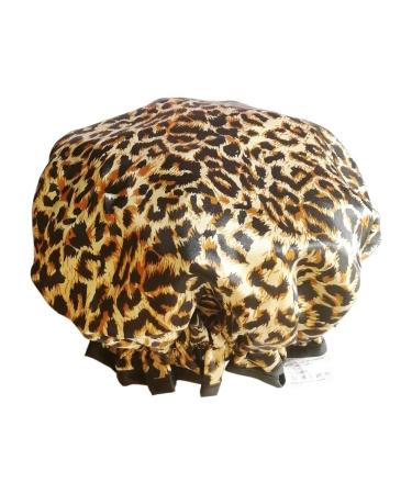 Shower Cap for women Thicken Double Layer Waterproof Bath Cap Elastic Band Spa Shower Hat Nument (Leopard)