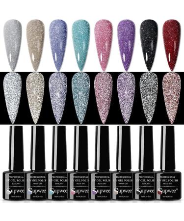 SUPWEE 8Pcs Reflective Glitter Gel Nail Polish Set Semi Permanent Soak Off UV Gel Varnish Nail Art Shiny Effect All for Manicure - (Color: BT) - Buy Online on GoSupps.com