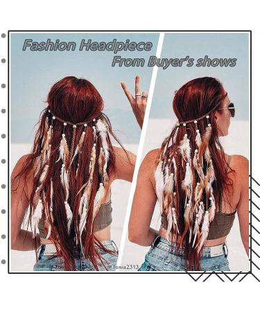 Bohemian Feather Hairband Indian Gypsy Headband with White and Brown Feathers - Festival Hippie Costume Accessory - Buy Online on GoSupps.com