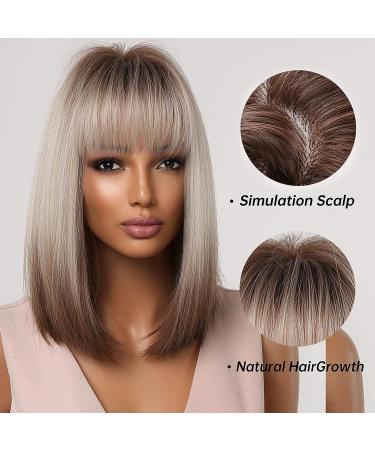 Allbell Brown Blonde Ombre Bob Wig for Women with Bangs | Cosplay Synthetic Wig with Dark Roots and Gray Highlights - Buy Online on GoSupps.com