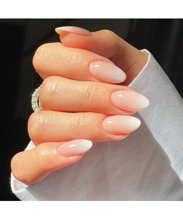 Almond False Nails Short 24Pcs Nude Pink Gradient Fake Nails Press on Nails Pattern Oval Stick on Nails French Nail Tips with Nail Glue for Women Girls Nail Art (Gradient)
