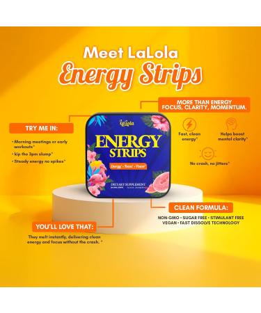 LALOLA Energy Strips Quick-Dissolving Oral Strips 50mg Green Tea Caffeine 30mg L-Theanine 1000mcg B12 Gluten Free Clean Energy Without Jitters - Buy Online on GoSupps.com