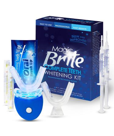 MagicBrite Complete Teeth Whitening Kit at Home Whitener - LED Light  35% Carbamide Peroxide  2 Mouth Trays  (3) 3ml Gel Syringes  Painless Effective