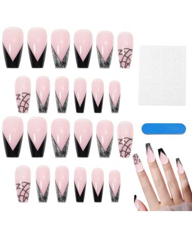 2 Pcs Long Fake Nails with Glue | Press On Nails Kit | 24Pcs False Nails with Designs Medium Length Women Girls Fake Nails with Nail Glue and Nail File Manicure Tools 2 Pcs Jp0474-08