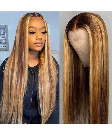 Dixtefo Highlight HD Transparent Lace Front Wigs Human Hair For Black Women Pre Plucked 150% Density 9A Brazilian Straight T-Part Lace Closure Wig(16 Inch) 16 Inch 4/27 Straight Wig