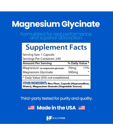 HealthFare Magnesium Glycinate 500mg | 240 Veg Capsules | High-Absorption Chelated Magnesium | Gluten-Free | Non-GMO | Made in The USA - Buy Online on GoSupps.com
