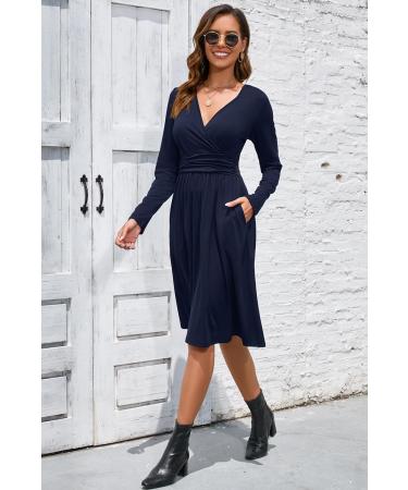 OUGES Women's Long Sleeve V-Neck Floral Midi Dress - Navy Blue (XXL) - Buy Online on GoSupps.com