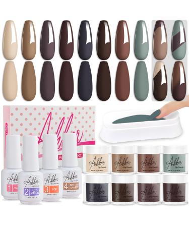 Aikker 13 Pcs Dip Powder Nail Kit 8 Earth Colours Fall Season Quick Dry Dipping Powder Starter Set with Base Top Coat Activator Maillard Brown Nude Grey Dip Recycling Box Manicure DIY AK99 Fall Season-99