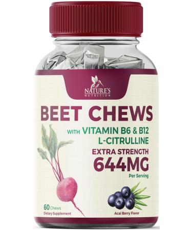 Beet Chews - Soft Beet Root Chewables with Grape Seed Extract Supports Heart Health & Energy with Powerful Antioxidants - Nature's Beetroot Nitric Oxide Supplement Berry Flavor - 60 Vegan Soft Chews