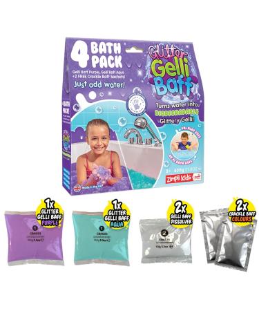 GELLI Baff 4 USE 4 X Purple & Aqua Glitter GELLI - 600G Turn Water Into Colourful Goo Children's Sensory and Bath Toy Certified Biodegradable Gift