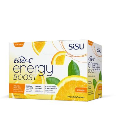 Sisu Energy Boost with Ester-C Orange 24-hour Immune Support Vitamin C Drink Mix with Energizing B Vitamins & Electrolytes 30 Individual Packets Vegan Non-GMO Gluten Dairy Free