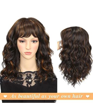 WIGNEE Natural Wave Ombre Brown Curly Bob Wig with Bangs - 14 Inch Shoulder Length Synthetic Wig for Black Women with Mixed Brown Highlights - Buy Online on GoSupps.com
