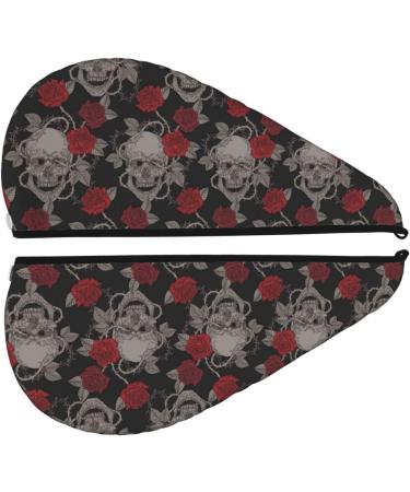 Quick-Dry Hair Towel Wrap with Button - Skull and Red Roses Design | Ultimate Hair Drying Turban - Buy Online on GoSupps.com