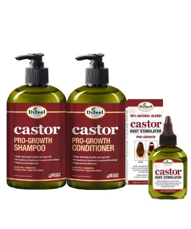Difeel 3-PC Castor Pro-Growth Hair Growth: Cleansing & Treatment Set - Includes 12 oz Shampoo 12oz Conditioner & 2.5oz Root Stimulator