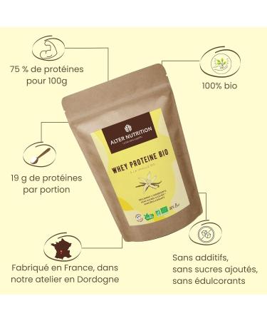 ALTER NUTRITION - Whey Organic Protein - Vanilla - Mass Gain - Recovery - BCAA - Organic Cow Milk - No Added Sugars - Made in France - 19g Protein Per Scoop - Bag of 1kg - Buy Online on GoSupps.com