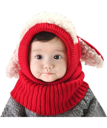 Tuopuda Baby Girls Boys Toddler Winter Hat Scarf Set Cutest Earflap Hood Warm Knit Hat Scarves with Ears Snow Neck Warmer Skull Cap for Kids 6-36 Months One Size Red