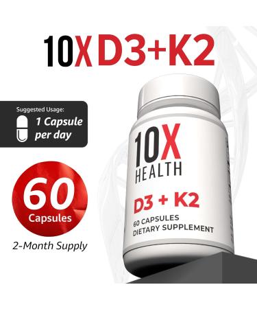 10X Health Vitamin D3 5000 IU & K2 MK7 - Menaquinone 7 High-Potency D3 K2 Vitamin Supplement for Bone Health Heart and Teeth - 125 mcg Vitamin D & 90 mcg Vitamin K2-60 Capsules - Buy Online on GoSupps.com