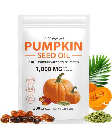 Mcukv Pumpkin Seed Oil with Saw Palmetto 1000mg per Serving Cold Pressed Pumpkin Seed Oil Capsules for Hair Scalp Urinary & Prostate Support Pure Virgin with Essential Fatty Acids Non-GMO 300Pcs