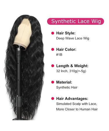 32 Inch Long Curly Synthetic Lace Front Wig for Black Women - Deep Wave Fake Scalp Wig, Natural Looking Middle Part - Color 1B - Buy Online on GoSupps.com