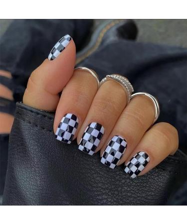 Square Press on Nails Medium Length Fake Nails Black & White Checkerboard Design False Nails Full Cover Glue on Nails Glossy White Black Stick on Nails for Women Girls Manicure Decorations Style-10