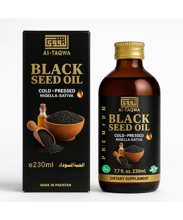AL-TAQWA Black Seed Oil Extra Virgin Nigella Sativa (Kalonji) Oil for Hair Skin & Wellness Cold-Pressed Unrefined Non-GMO Vegan Halal 7.77oz (230ml) Amber Glass Bottle