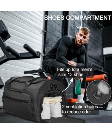 Small Fitness Duffle Bag with Wet Pocket & Shoes Compartment | Water-Resistant Gym Bag for Men and Women | Light Black Weekender Duffel - Buy Online on GoSupps.com