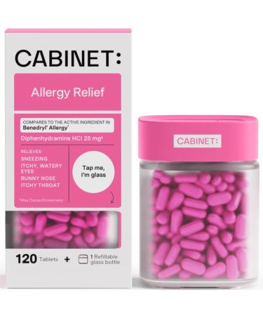Cabinet: Diphenhydramine 25mg Allergy Relief Antihistamine Tablets for Allergies Hay Fever and Runny Nose 120 Tablets (Refillable Glass Bottle)