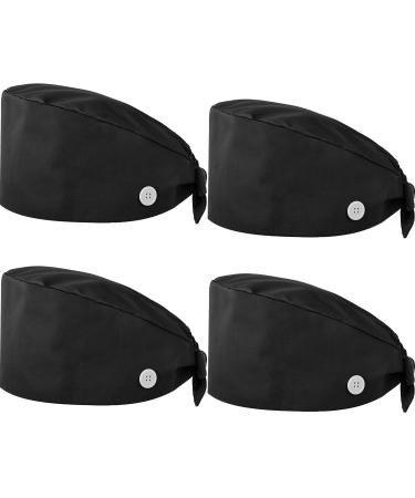 SATINIOR 4 Pieces Adjustable Bouffant Hats Button Sweatband Cap Tie Back Hats for Women Men Black