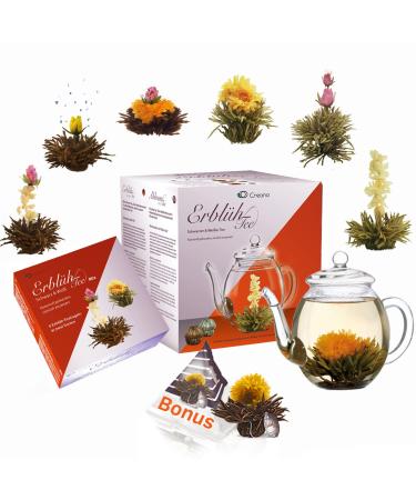 Creano tea blower gift set - blooming with 500 ml of glass jugs & 6x black & white tea + 1x tealini black tea bonus ball - 8 partly black/white + bonus - Buy Online on GoSupps.com