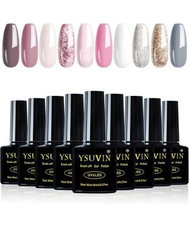 Yueshop Glitter Gel Nail Polishes Set- 10 Pack Nude Pink Soak Off UV LED Nail Manicure Kit Cured Gel Needed DIY Home Salon Nail Art Nude Pink Glitter - Buy Online on GoSupps.com