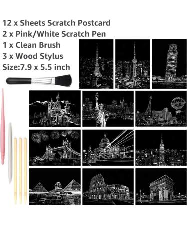 Magic Scratch Art Paper Building Series - 12 Sheets Rainbow Landscape Engraving DIY Mini Scratchboard Set for Adults and Kids - Includes Scratch Postcard Cards, Drawing Pens, and Brush - Buy Online on GoSupps.com