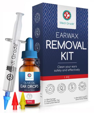 Medi Grade Ear Wax Removal Kit with Olive Oil Ear Drops 10ml - The Original Ear Syringe Kit with Ear Wax Removal Drops for Softening and Removing Hardened Earwax - Gentle Ear Cleaner Ear Wax Remover