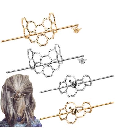 4 Pcs Bee Hair Pin Minimalist Dainty Metal Hair Sticks Forks Hairpins Hollow Geometric Chignon Buns Holder Bee Honeycomb Hair Twist Bun Hair Stick Headpieces for Women Girls