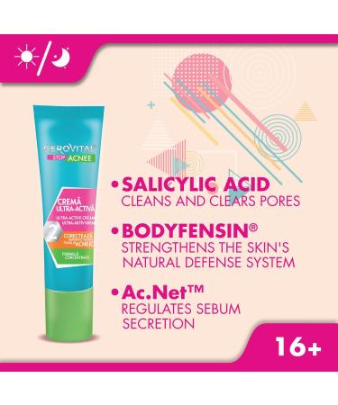 Ultra-Active Face Cream for Acne with Salicylic Acid Reduces Sebum Excess and Pimples Corrects Skin Imperfections Concentrated Formula 15 ml Gerovital Stop Acnee - Buy Online on GoSupps.com