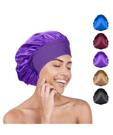 Silk Hair Wrap for Sleeping Satin Bonnet Sleep Cap for Curly Hair Night Caps with Wide Elastic Band Soft Satin Head Cover Shower Caps Silk Bonnet for Women Girls Makeup Hair Protection(1Pcs Purple)