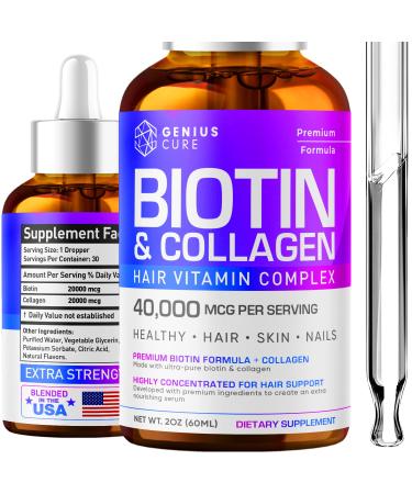 Genius Biotin & Collagen Hair Growth Support Drops - Hair Supplement - Healthy Skin & Nails - Liquid Biotin & Collagen Supplement for Easy Absorption - Healthy Hair Growth for Men & Women - Buy Online on GoSupps.com