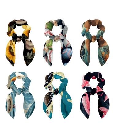6 Pieces Bow Hair Scrunchies Rabbit Bunny Ear Scrunchies Baseball Pattern Bow Bowknot Scrunchies Bobbles Elastic Hair Ties Ropes Ponytail Holder Accessories for Women Girls Color 2