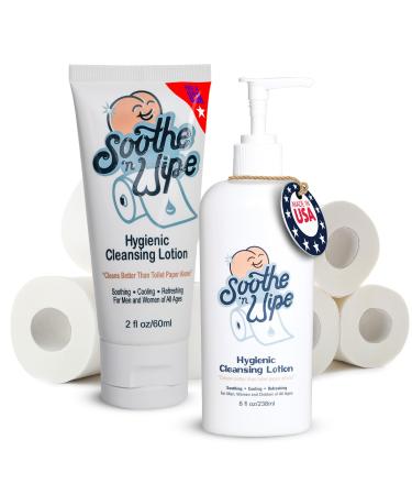 SOOTHE 'N WIPE Hygienic Anal Cleansing Lotion - 8oz and 2oz Pack - Chafing Cream Anti Itch Lotion for Bum Cream for Sensitive Skin - Flushable Wipe Alternative with Aloe & Moisturizers