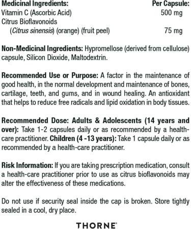 Thorne Vitamin C with Flavonoids - Blend of Vitamin C and Citrus Bioflavonoids from Oranges the Way They're Found Together in Nature - 180 Capsules - Buy Online on GoSupps.com