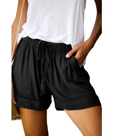 KISSMODA Womens Summer Shorts Leopard/Camo/Solid/Floral Print Elastic Waist Pocketed Casual Pants 1-black Large