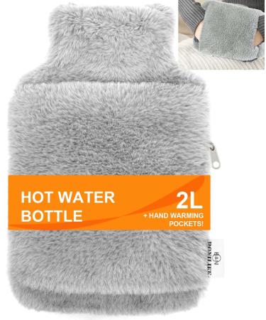 Bonilife Hot Water Bottle with Fluffy Cover 2L Large Rubber Hot Water Bag for Shoulder Back Period Pain Relief Hot Water Bottle with Hand Warmer Pocket for Kids Adult Men Women-LightGrey