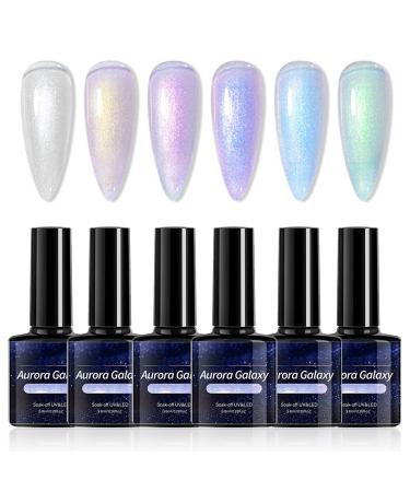 Gel Nail Polish Set Glitter Gel Nail Varnish 6 Color Micro Aurora Galaxy High Gloss Gel Polish Kit Chrome Nail Varnish 2-IN-1 No Wipe Gel Top Coat UV/LED Soak-Off Nail Polish