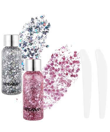 Body glitter gel glitter liquid face body glitter gel festival glitter mermaid sequins chunky glitter liquid face hair make-up long loading sparkling with 1 spoon silver+pink - Buy Online on GoSupps.com